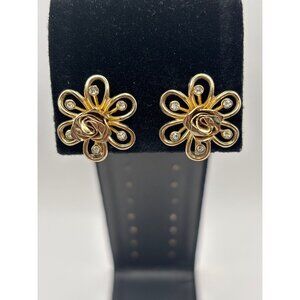Coro Vintage Gold Tone Rose Center Rhinestone Petal Screw Back Earrings Signed
